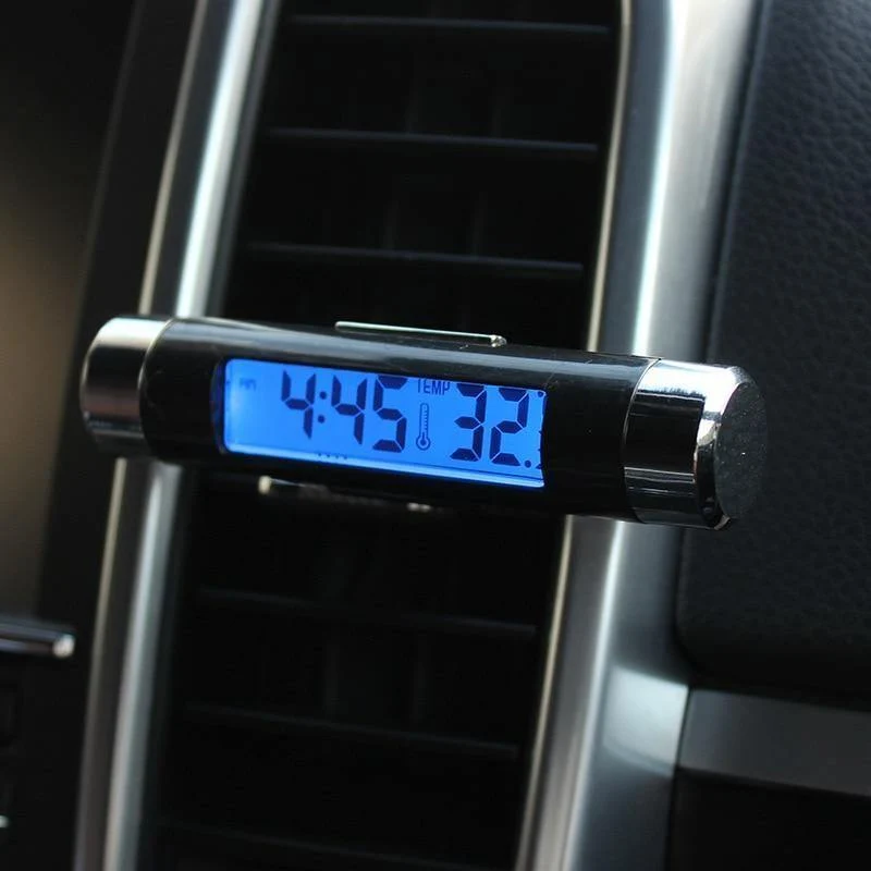 2 in 1 Auto-Innenraum-Digitalthermometer, Digitaluhr, blaue LED-Hintergrundbeleuchtung, digitale Anzeigeinstrumente, Autozubehör