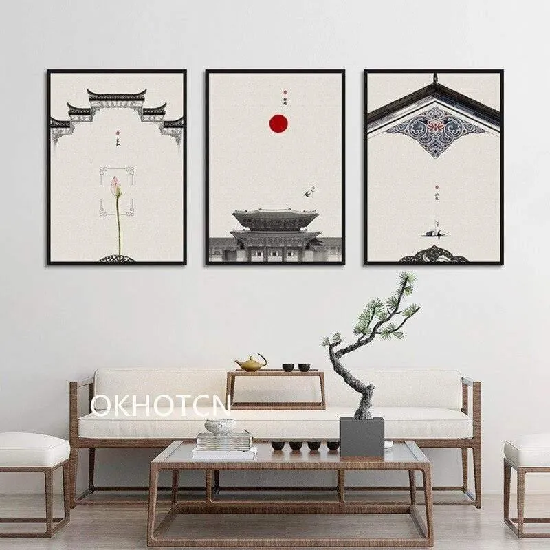 Klassische Architektur Lotus Red Sun Wandkunst Leinwand Malerei Poster Und Drucke Wandbilder Für Wohnzimmer