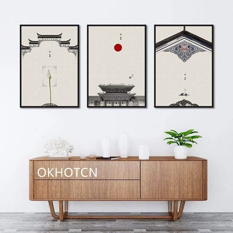 Klassische Architektur Lotus Red Sun Wandkunst Leinwand Malerei Poster Und Drucke Wandbilder Für Wohnzimmer