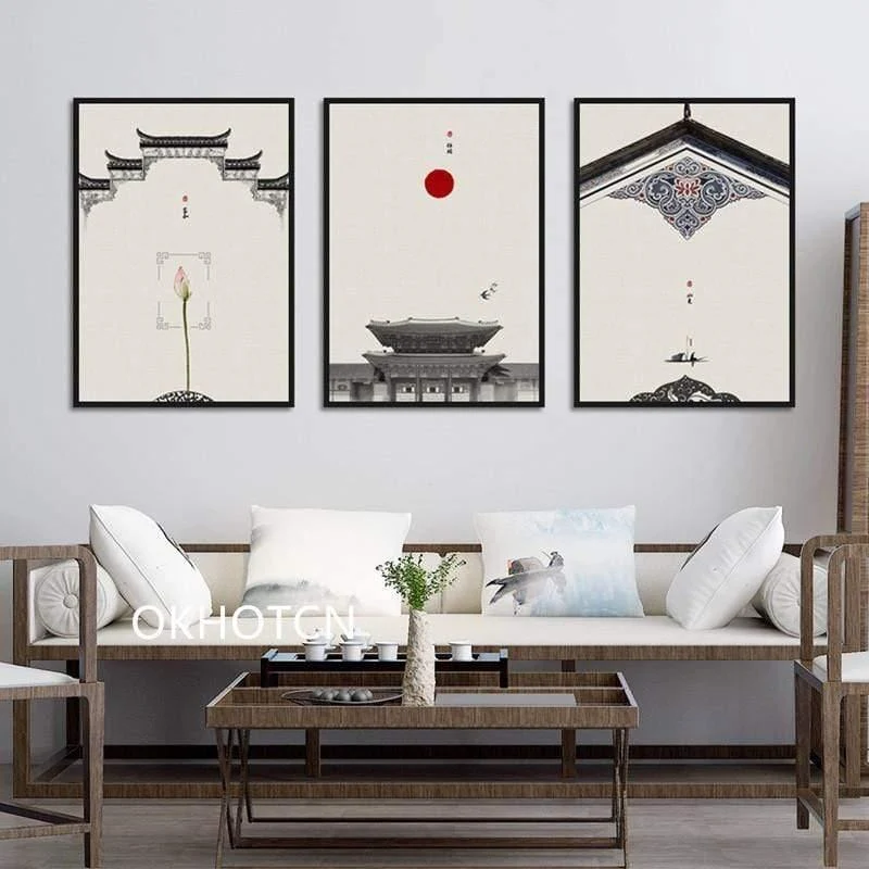 Klassische Architektur Lotus Red Sun Wandkunst Leinwand Malerei Poster Und Drucke Wandbilder Für Wohnzimmer