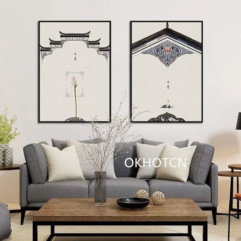 Klassische Architektur Lotus Red Sun Wandkunst Leinwand Malerei Poster Und Drucke Wandbilder Für Wohnzimmer