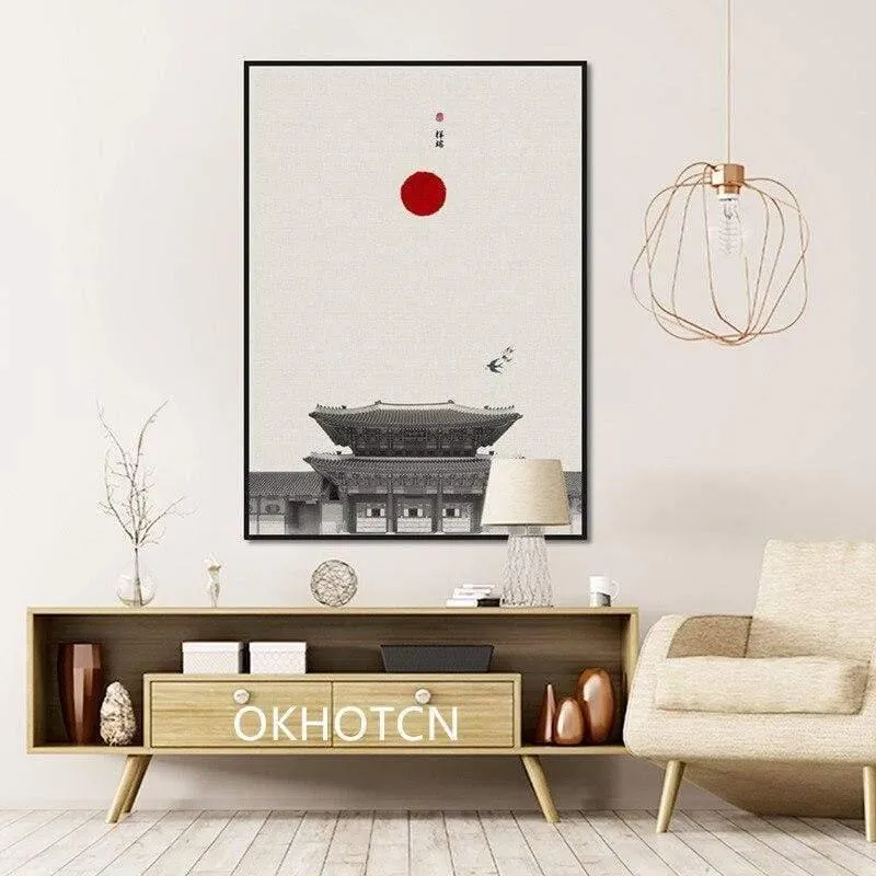 Klassische Architektur Lotus Red Sun Wandkunst Leinwand Malerei Poster Und Drucke Wandbilder Für Wohnzimmer