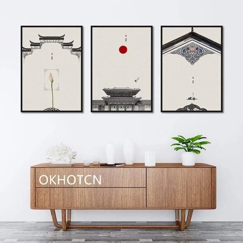 Klassische Architektur Lotus Red Sun Wandkunst Leinwand Malerei Poster Und Drucke Wandbilder Für Wohnzimmer
