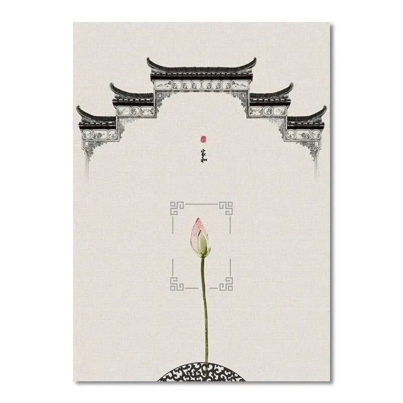 Klassische Architektur Lotus Red Sun Wandkunst Leinwand Malerei Poster Und Drucke Wandbilder Für Wohnzimmer