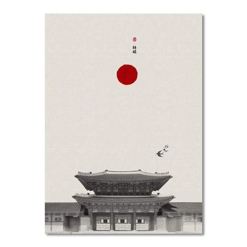Klassische Architektur Lotus Red Sun Wandkunst Leinwand Malerei Poster Und Drucke Wandbilder Für Wohnzimmer