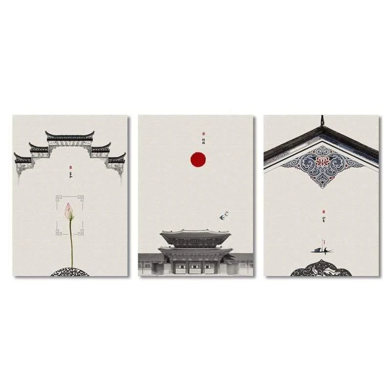 Klassische Architektur Lotus Red Sun Wandkunst Leinwand Malerei Poster Und Drucke Wandbilder Für Wohnzimmer