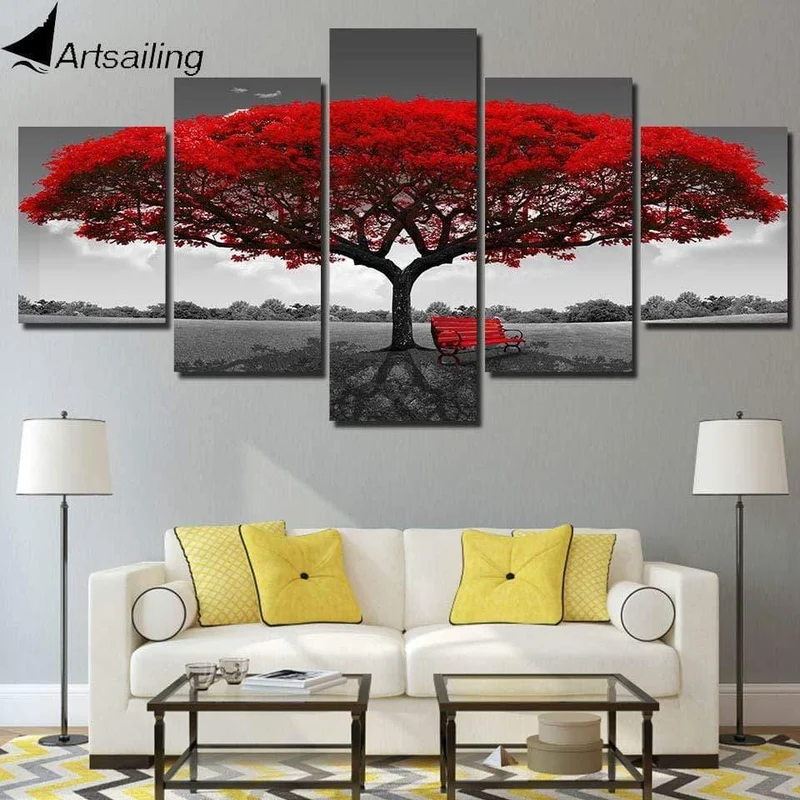 Panel Malerei Druck Malerei Leinwand Kunst Rot Baum Landschaft Modulare Bilder Große Wandbilder Für Wohnzimmer
