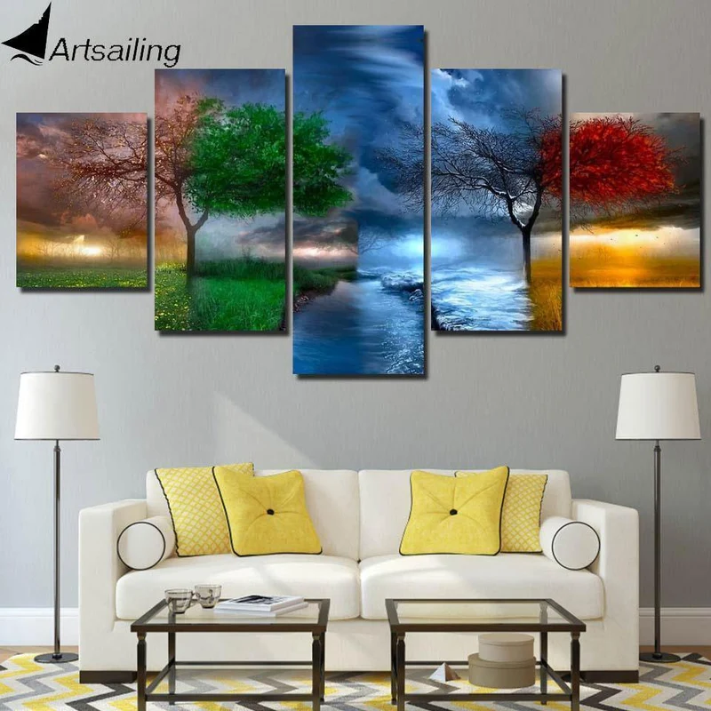 Panel Malerei Druck Malerei Leinwand Kunst Rot Baum Landschaft Modulare Bilder Große Wandbilder Für Wohnzimmer