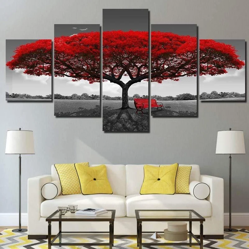 Panel Malerei Druck Malerei Leinwand Kunst Rot Baum Landschaft Modulare Bilder Große Wandbilder Für Wohnzimmer