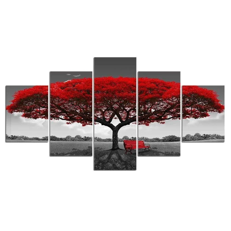 Panel Malerei Druck Malerei Leinwand Kunst Rot Baum Landschaft Modulare Bilder Große Wandbilder Für Wohnzimmer