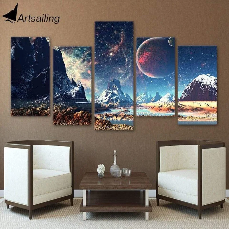 Malerei Nebel Leinwand Kunst Poster Schnee Berge Raum Leinwand Set Planet Lake Bilder 5 Stücke Drucke Wohnkultur