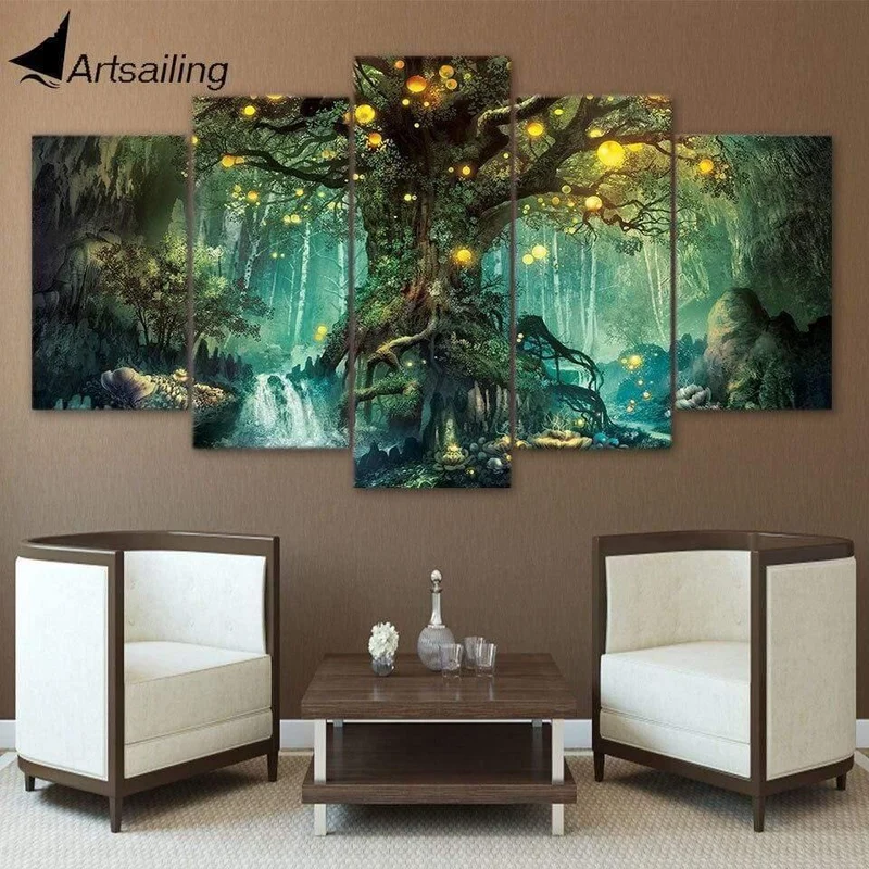 HD Gedruckt 5 Stück Leinwand Kunst Verzauberten Baum Landschaft Malerei Wandbilder für Wohnzimmer Wohnkultur NY-7632B
