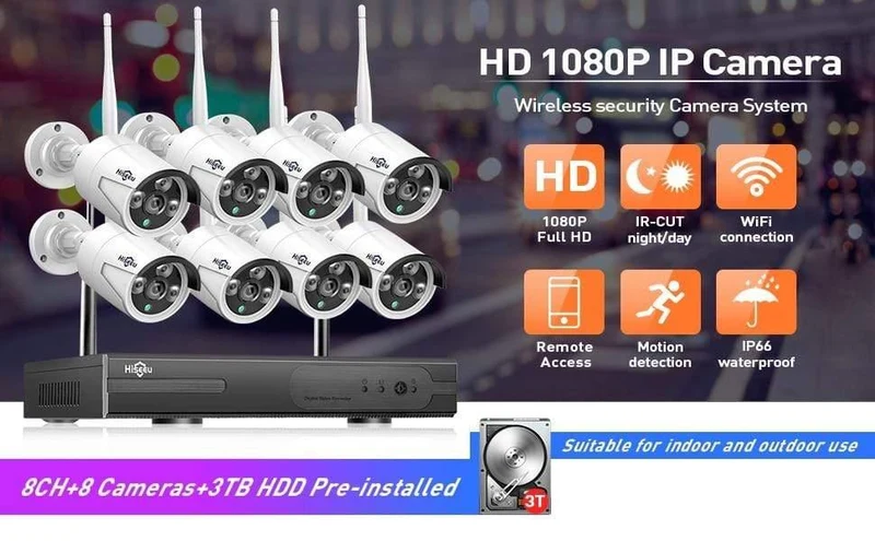 CCTV-System 8ch HD Wireless NVR-Kit 3TB HDD Outdoor IR Nachtsicht IP Wifi Kamera Sicherheitssystem Überwachung Hiseeu