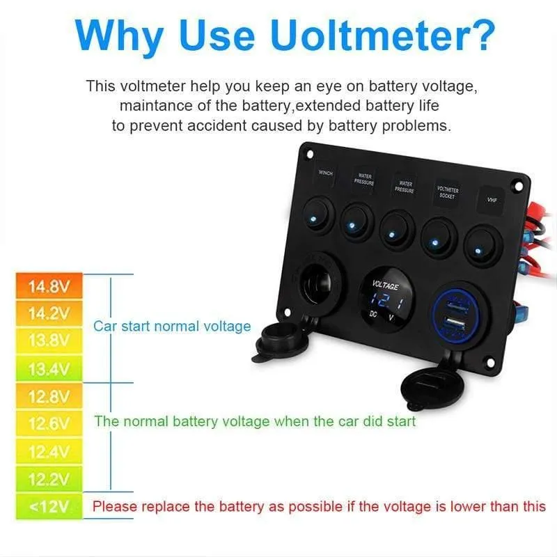 5 Gang Marine Boot Schalter Panel Led Wasserdichte Schaltung Mit Voltmeter Dual Usb Ladegerät Panel Schalter Boot Yacht 12v 24v