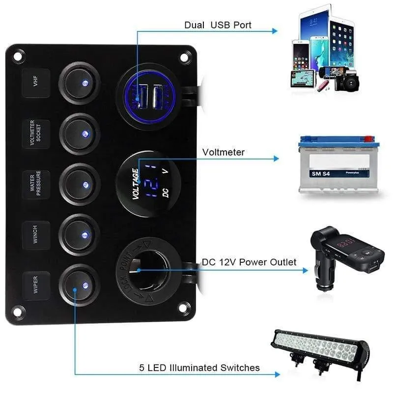 5 Gang Marine Boot Schalter Panel Led Wasserdichte Schaltung Mit Voltmeter Dual Usb Ladegerät Panel Schalter Boot Yacht 12v 24v