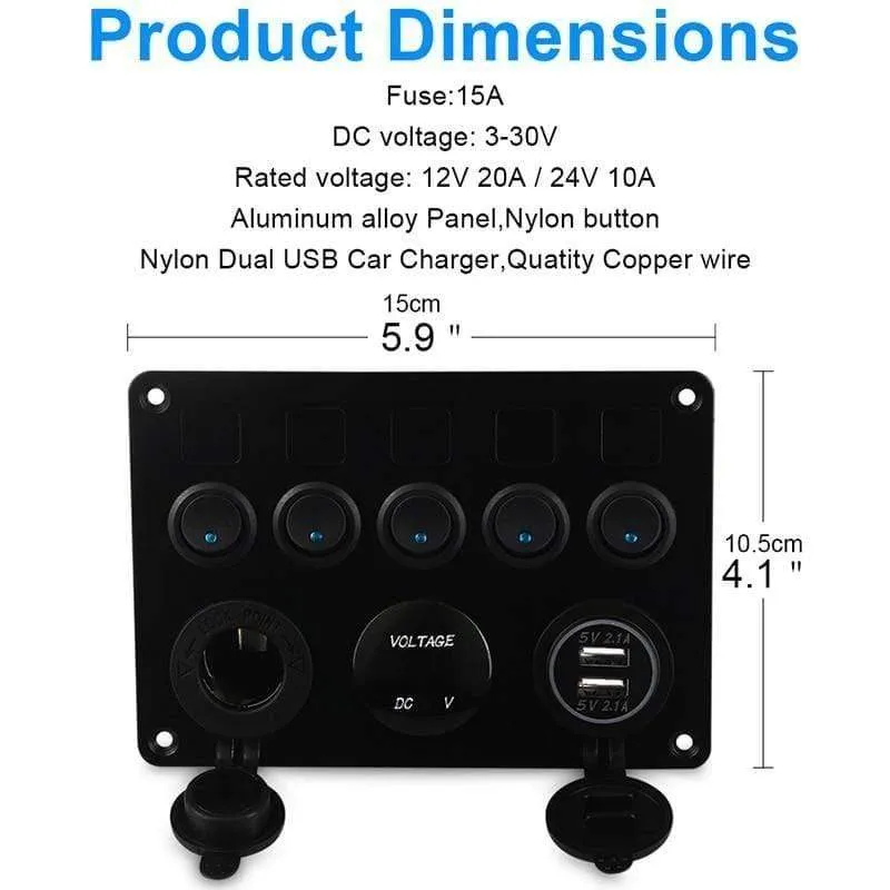 5 Gang Marine Boot Schalter Panel Led Wasserdichte Schaltung Mit Voltmeter Dual Usb Ladegerät Panel Schalter Boot Yacht 12v 24v