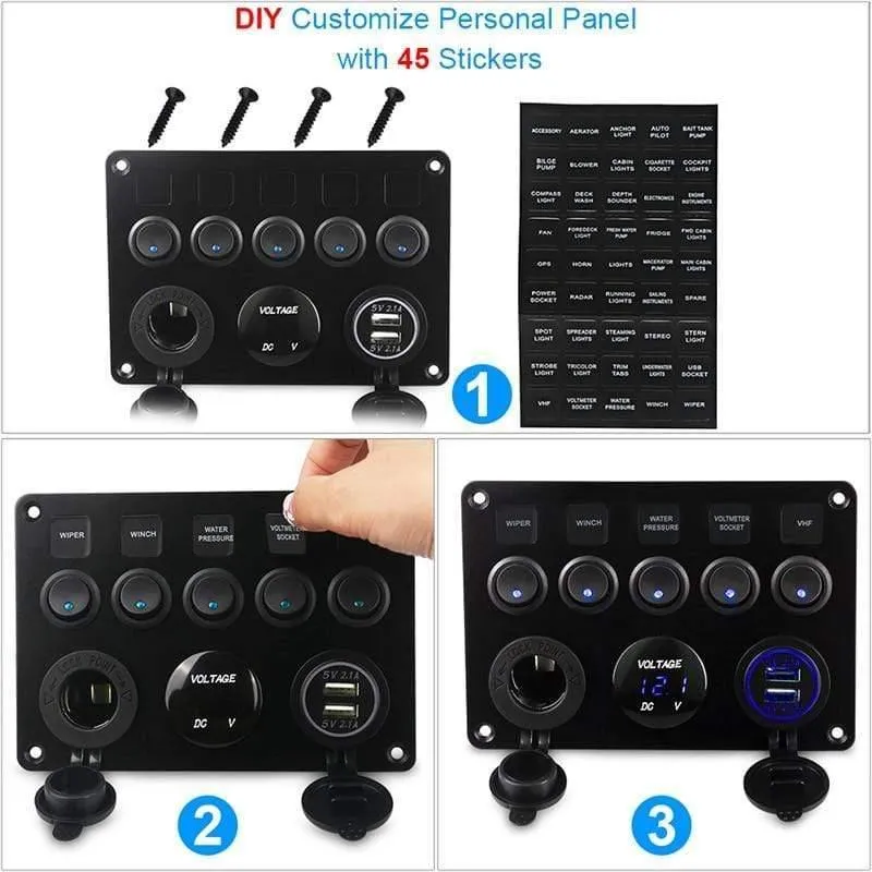 5 Gang Marine Boot Schalter Panel Led Wasserdichte Schaltung Mit Voltmeter Dual Usb Ladegerät Panel Schalter Boot Yacht 12v 24v