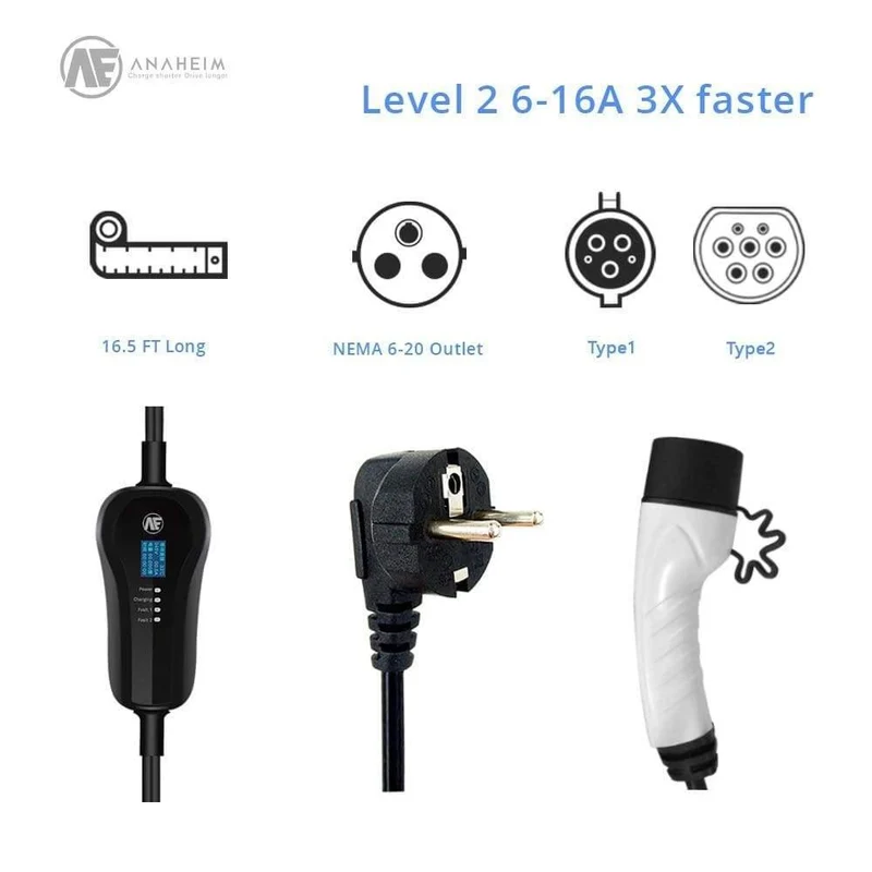 AE Anaheim 3.5KW EVSE Elektroautoladegerät EV Level 2 / AC 220-280V 16A Typ1 SAE J1772-Steckerladegerät mit EU-Steckdoseneingang