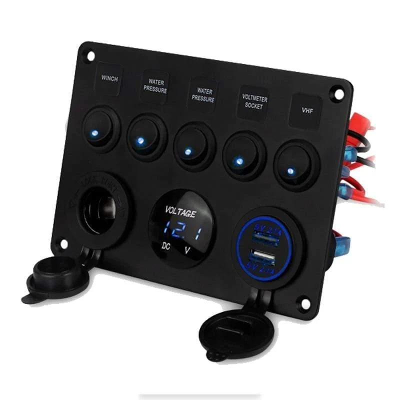 5 Gang Marine Boot Schalter Panel Led Wasserdichte Schaltung Mit Voltmeter Dual Usb Ladegerät Panel Schalter Boot Yacht 12v 24v