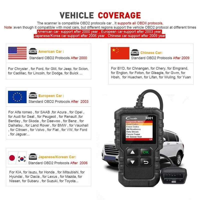 X431 CR3001 Vollständiger OBD2-Scanner OBD 2 Motorcodeleser Creader 3001 Autodiagnosetool PK CR319 AD310 ELM327 Scan-Tool