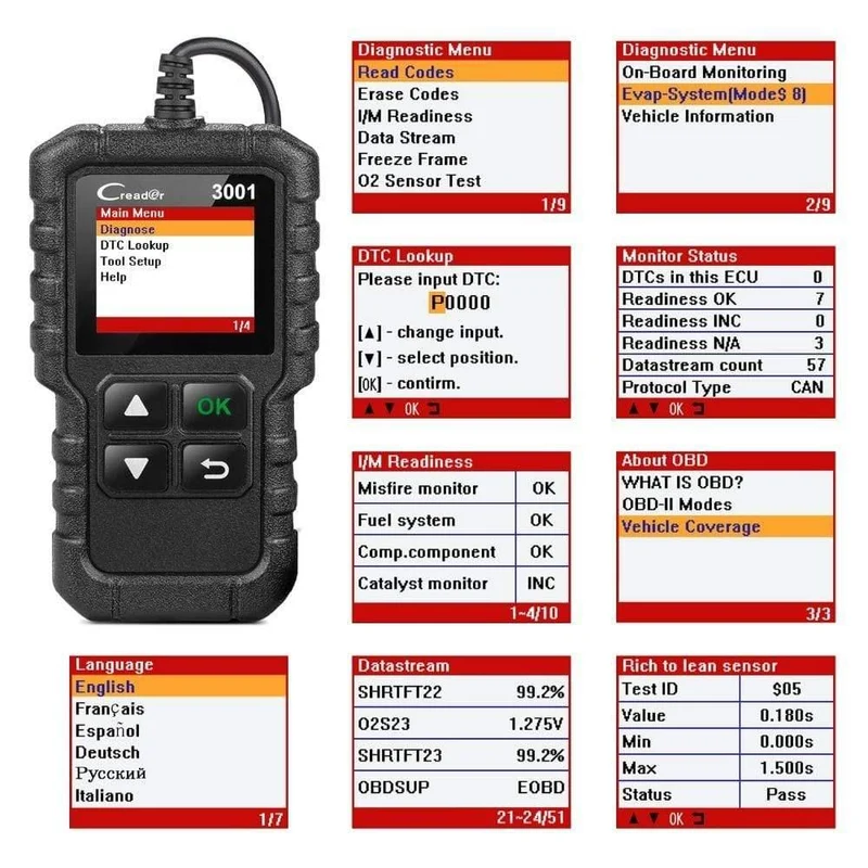 X431 CR3001 Vollständiger OBD2-Scanner OBD 2 Motorcodeleser Creader 3001 Autodiagnosetool PK CR319 AD310 ELM327 Scan-Tool