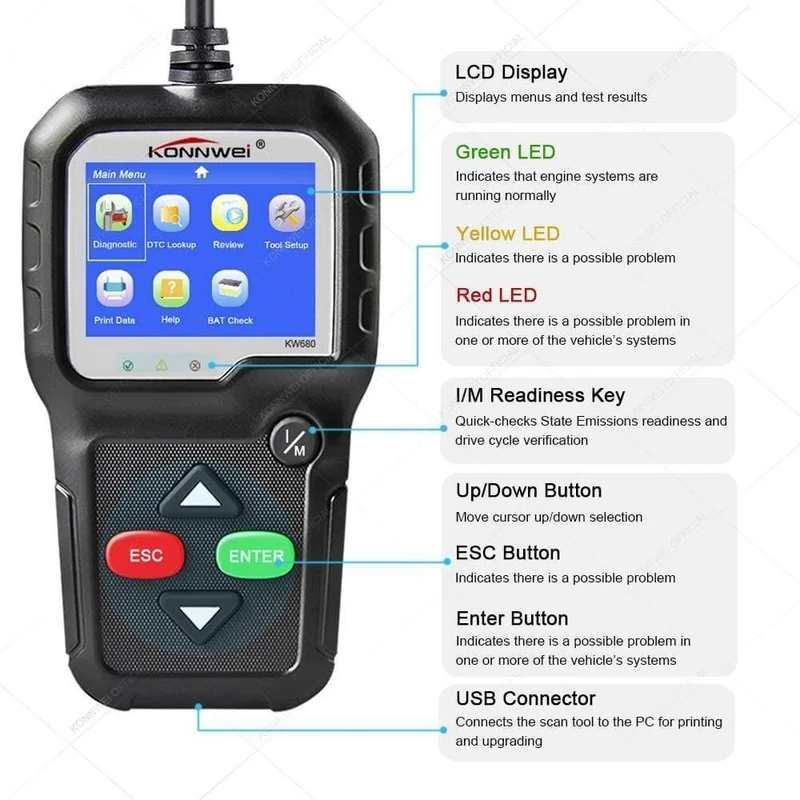 OBD2-Scanner OBD-Autodiagnosewerkzeug KONNWEI KW680 Lesen Fehlercodes löschen Russischer OBD2-Automobilscanner