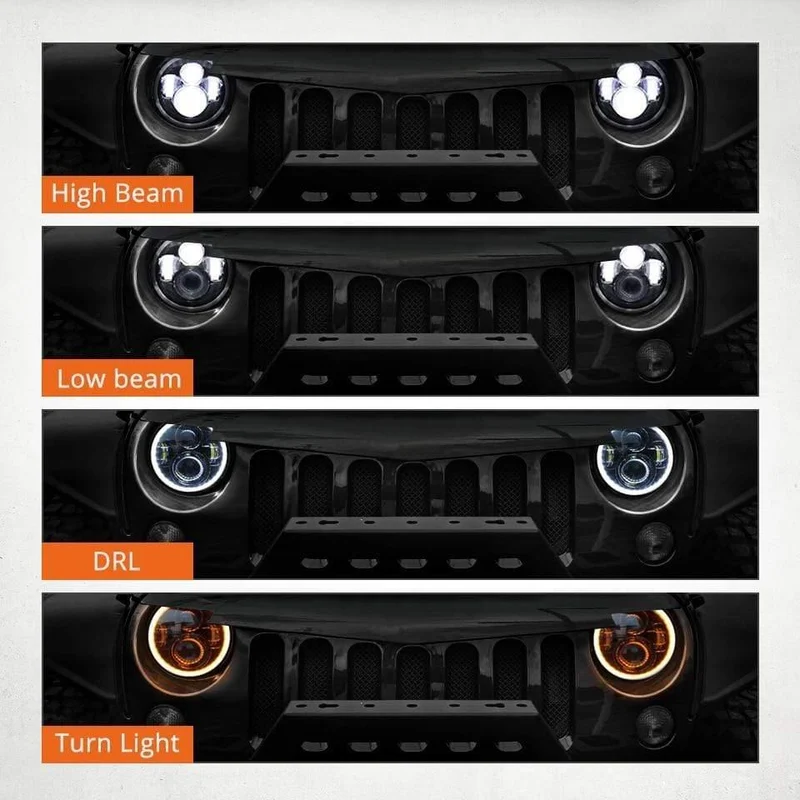 7 "LED Scheinwerfer 60W Fernlicht Abblendlicht LED H4 Halo Angel Eye DRL Bernstein Blinker für Jeep Wrangler JK TJ Land Rover Harley