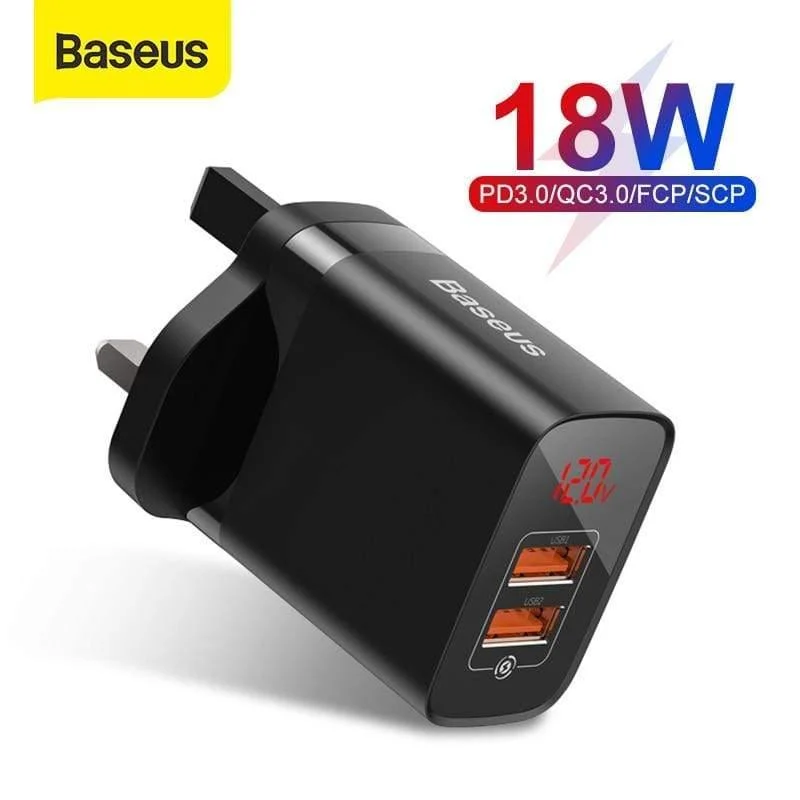 Baseus UK-Stecker-Schnellladegerät, 18 W, USB-C-PD-Ladegerät, Quick Charge 3.0, Dual-USB-Anschlüsse, Ladegerät mit Digitalanzeige für Smartphones