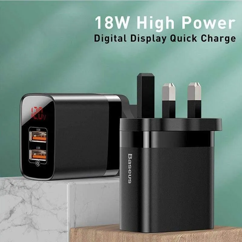 Baseus UK-Stecker-Schnellladegerät, 18 W, USB-C-PD-Ladegerät, Quick Charge 3.0, Dual-USB-Anschlüsse, Ladegerät mit Digitalanzeige für Smartphones