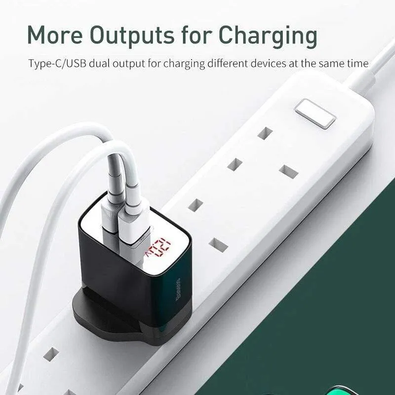 Baseus UK-Stecker-Schnellladegerät, 18 W, USB-C-PD-Ladegerät, Quick Charge 3.0, Dual-USB-Anschlüsse, Ladegerät mit Digitalanzeige für Smartphones