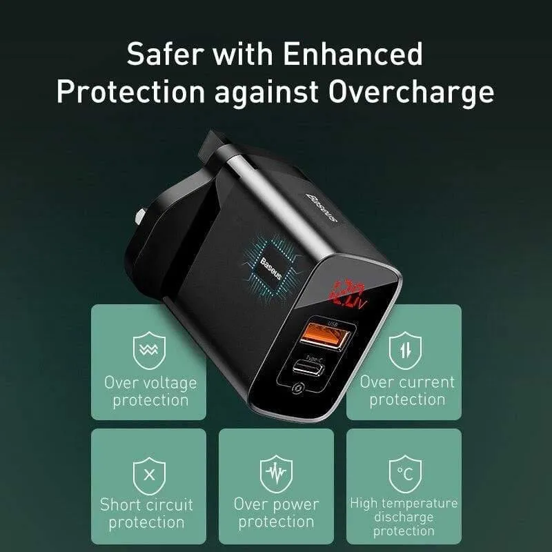 Baseus UK-Stecker-Schnellladegerät, 18 W, USB-C-PD-Ladegerät, Quick Charge 3.0, Dual-USB-Anschlüsse, Ladegerät mit Digitalanzeige für Smartphones