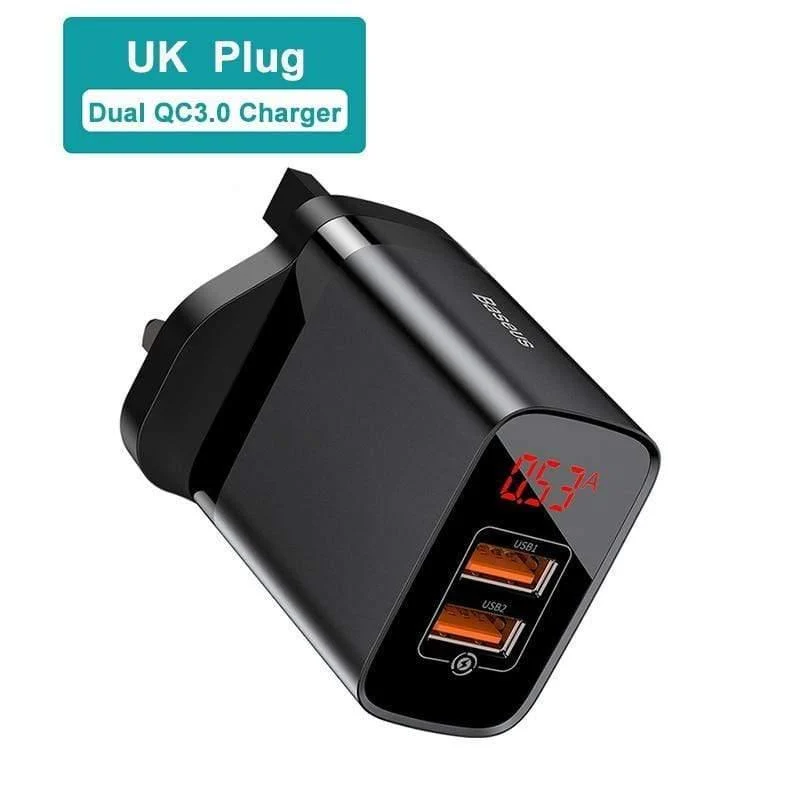 Baseus UK-Stecker-Schnellladegerät, 18 W, USB-C-PD-Ladegerät, Quick Charge 3.0, Dual-USB-Anschlüsse, Ladegerät mit Digitalanzeige für Smartphones