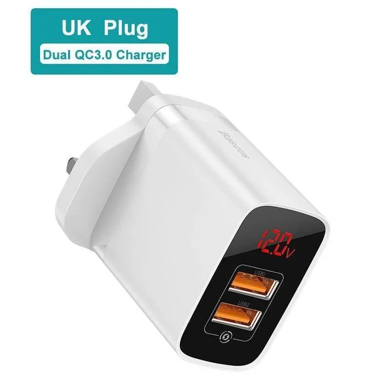 Baseus UK-Stecker-Schnellladegerät, 18 W, USB-C-PD-Ladegerät, Quick Charge 3.0, Dual-USB-Anschlüsse, Ladegerät mit Digitalanzeige für Smartphones