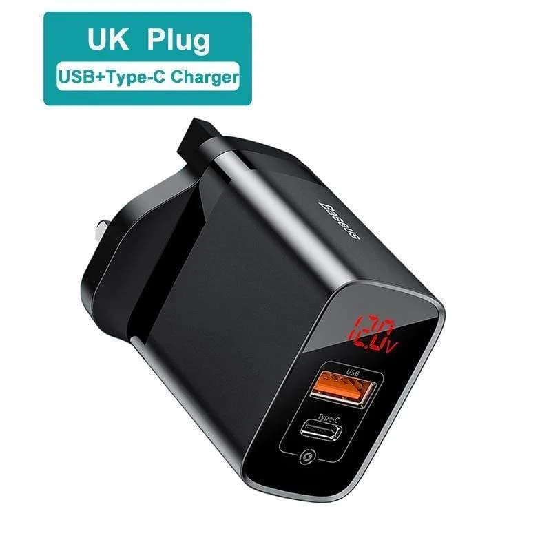 Baseus UK-Stecker-Schnellladegerät, 18 W, USB-C-PD-Ladegerät, Quick Charge 3.0, Dual-USB-Anschlüsse, Ladegerät mit Digitalanzeige für Smartphones