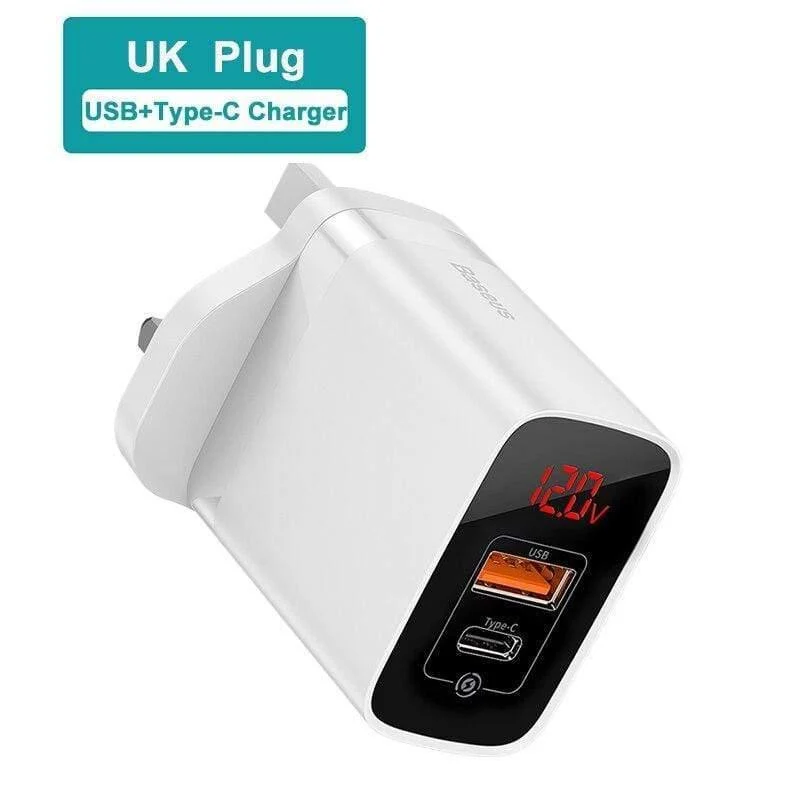 Baseus UK-Stecker-Schnellladegerät, 18 W, USB-C-PD-Ladegerät, Quick Charge 3.0, Dual-USB-Anschlüsse, Ladegerät mit Digitalanzeige für Smartphones