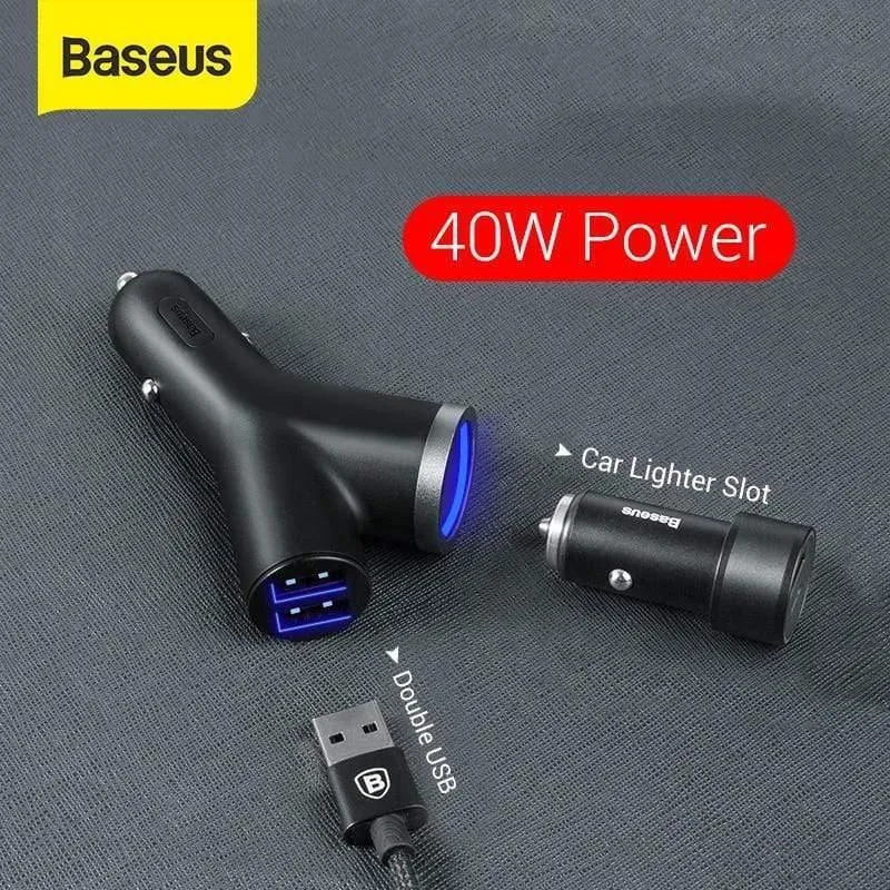 Baseus 40W Autoladegerät für Universal-Handy Dual USB Auto Zigarettenanzünder Steckplatz für Tablet GPS 3 Geräte Autotelefon Ladegerät (Schwarz)