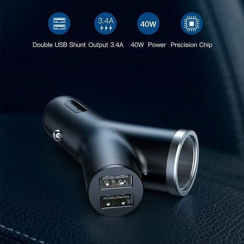 Baseus 40W Autoladegerät für Universal-Handy Dual USB Auto Zigarettenanzünder Steckplatz für Tablet GPS 3 Geräte Autotelefon Ladegerät (Schwarz)