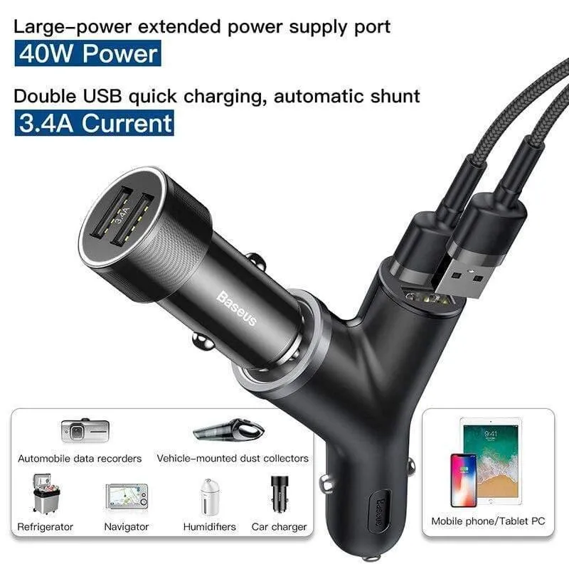 Baseus 40W Autoladegerät für Universal-Handy Dual USB Auto Zigarettenanzünder Steckplatz für Tablet GPS 3 Geräte Autotelefon Ladegerät (Schwarz)