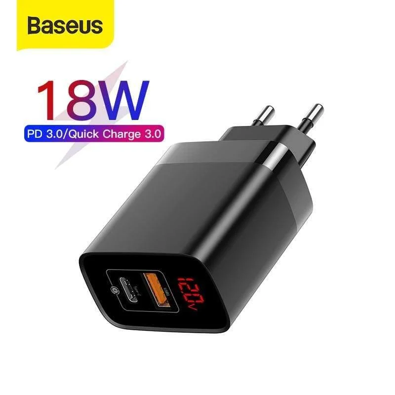 Baseus 18W Dual USB Schnellladegerät Quick Charge 3.0 USB C PD Ladegerät mit Digitalanzeige Doppelte USB-Anschlüsse Ladegerät für Telefon