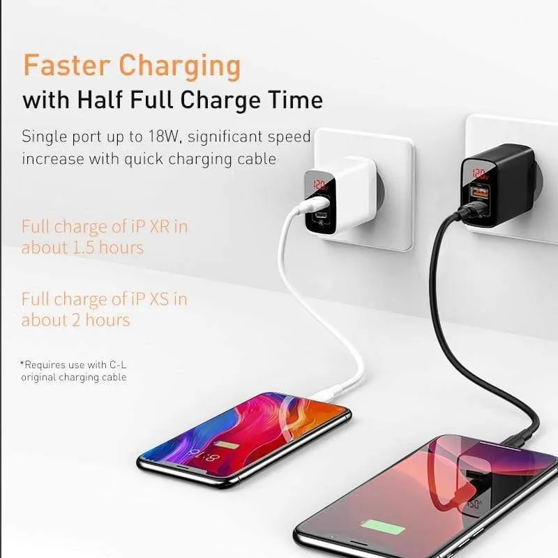 Baseus 18W Dual USB Schnellladegerät Quick Charge 3.0 USB C PD Ladegerät mit Digitalanzeige Doppelte USB-Anschlüsse Ladegerät für Telefon