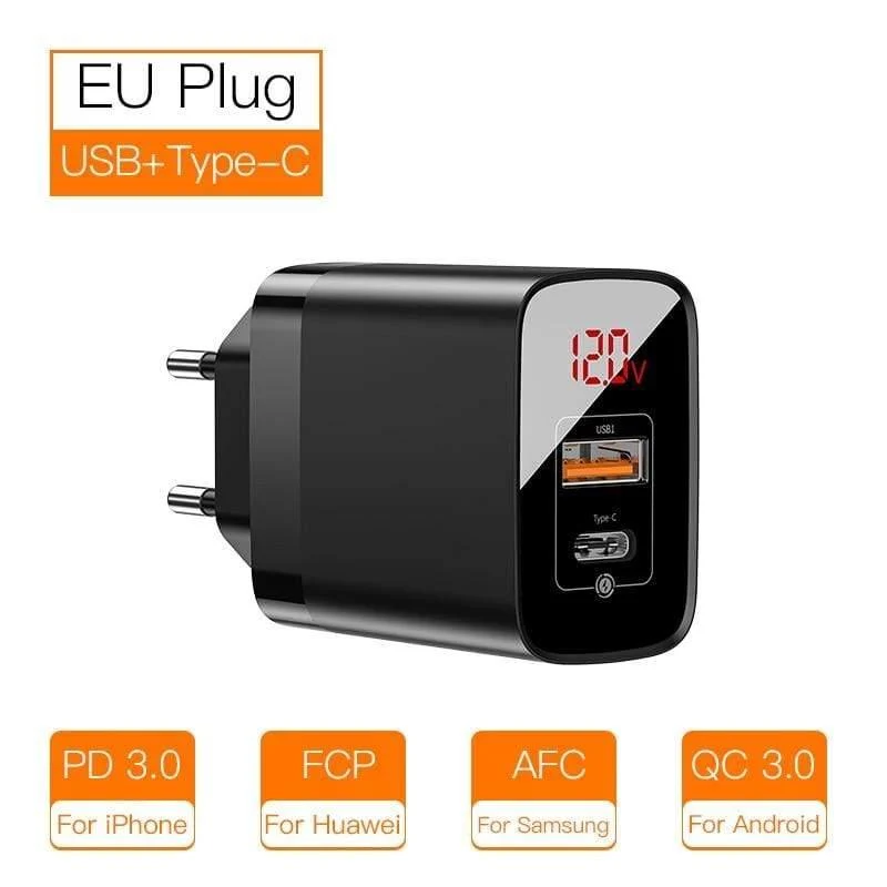 Baseus 18W Dual USB Schnellladegerät Quick Charge 3.0 USB C PD Ladegerät mit Digitalanzeige Doppelte USB-Anschlüsse Ladegerät für Telefon