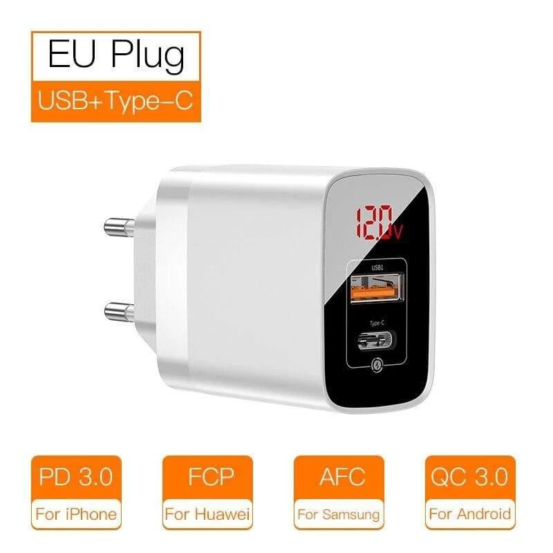 Baseus 18W Dual USB Schnellladegerät Quick Charge 3.0 USB C PD Ladegerät mit Digitalanzeige Doppelte USB-Anschlüsse Ladegerät für Telefon