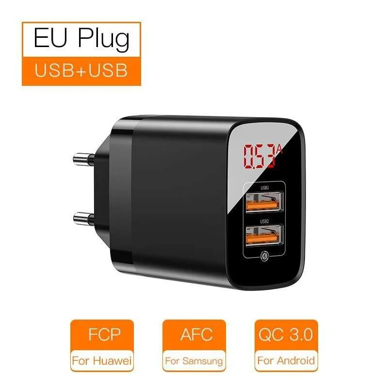 Baseus 18W Dual USB Schnellladegerät Quick Charge 3.0 USB C PD Ladegerät mit Digitalanzeige Doppelte USB-Anschlüsse Ladegerät für Telefon