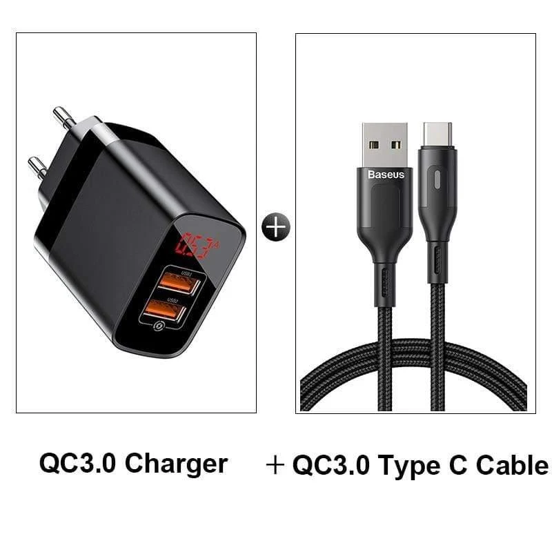 Baseus 18W Dual USB Schnellladegerät Quick Charge 3.0 USB C PD Ladegerät mit Digitalanzeige Doppelte USB-Anschlüsse Ladegerät für Telefon