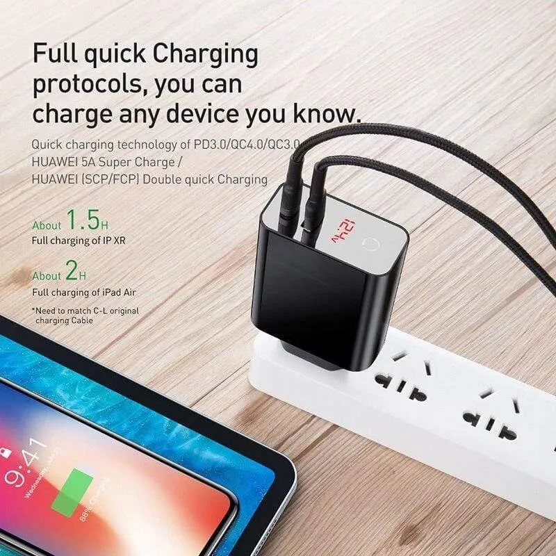 Baseus Dual USB Ladegerät 45W unterstützt Quick Charge 4.0 3.0 Typ C PD Schnellladegerät mit Digitalanzeige für Samsung Huawei Xiaomi