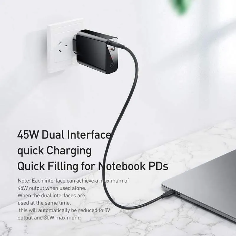 Baseus Dual USB Ladegerät 45W unterstützt Quick Charge 4.0 3.0 Typ C PD Schnellladegerät mit Digitalanzeige für Samsung Huawei Xiaomi