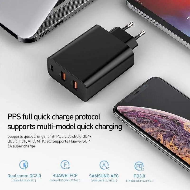 Baseus 3-Ports USB-Schnellladegerät 60W-Unterstützung Schnellladung 4.0 3.0 Typ-C-PD-Ladegerät QC 4.0 3.0-Telefonladegerät für HUAWEI Xiaomi