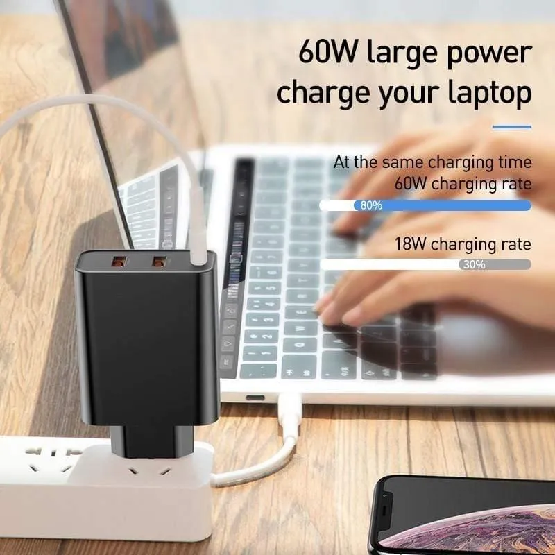 Baseus 3-Ports USB-Schnellladegerät 60W-Unterstützung Schnellladung 4.0 3.0 Typ-C-PD-Ladegerät QC 4.0 3.0-Telefonladegerät für HUAWEI Xiaomi