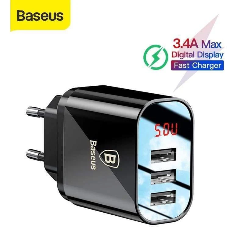 Baseus 3-Port-Ladegerät mit Digitalanzeige 3.4 A Max. Schnelllade-Wandadapter-Ladegerät für Telefon
