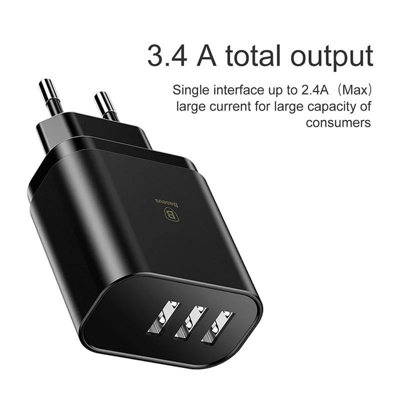 Baseus 3-Port-Ladegerät mit Digitalanzeige 3.4 A Max. Schnelllade-Wandadapter-Ladegerät für Telefon